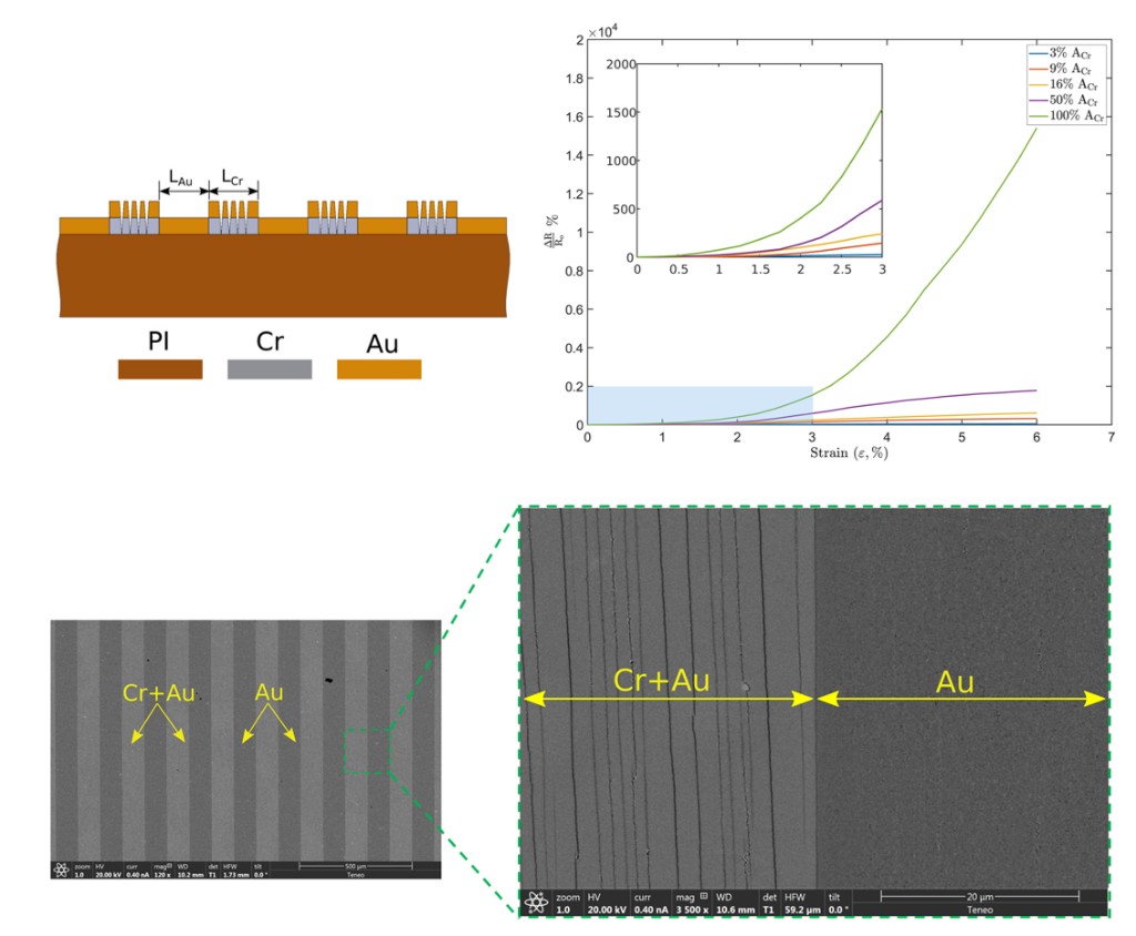 Metallic-film fragmentation design, strain response, and SEM characterization of Cr/Au crack patterns.